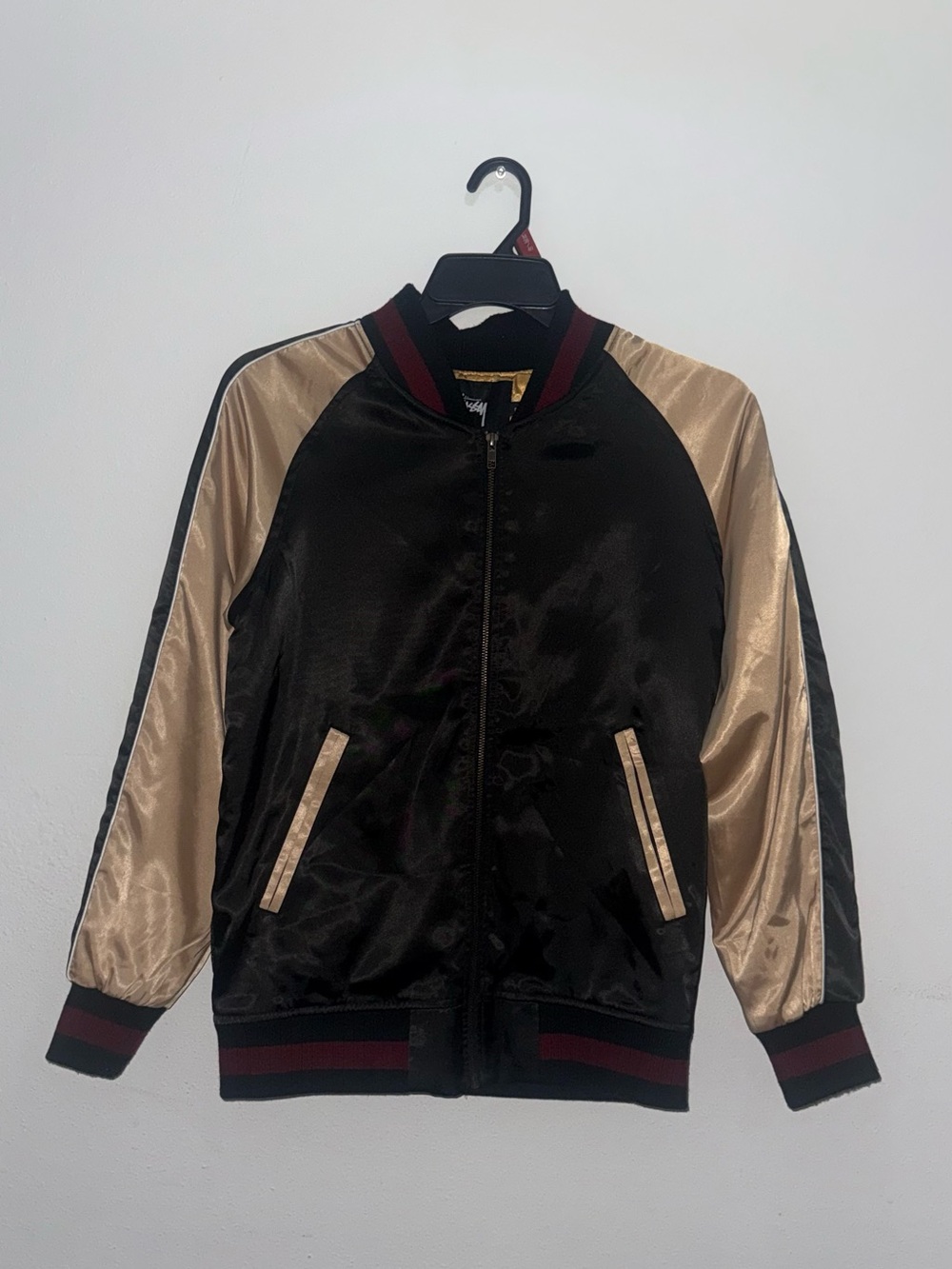Stussy Black Jacket with Champagne Sleeves and Burgundy Trim